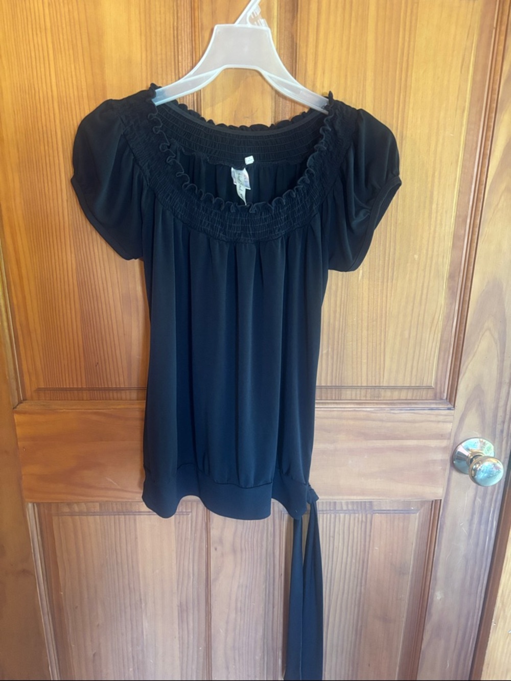 Heart Soul Black Smocked Ruffle-Neck Short Sleeve Blouse